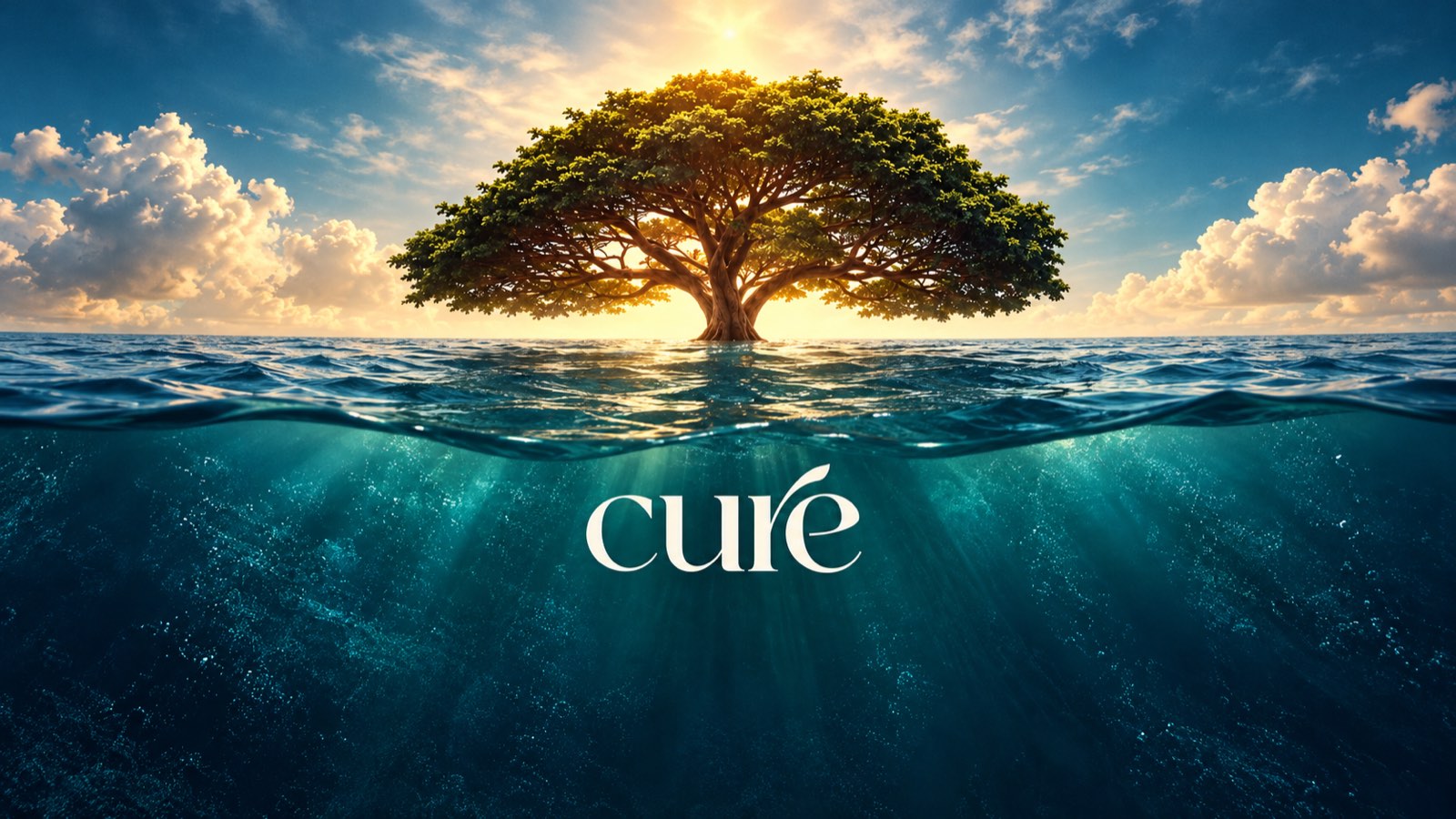 Arte da Imersão Cure: uma árvore sobre o mar ao nascer do sol